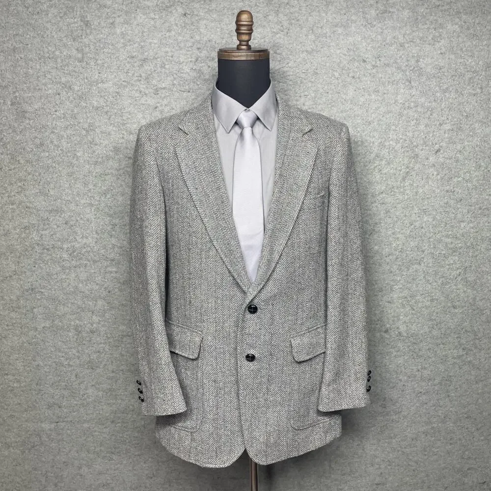 Vintage Rogers Aristocrat 42L Gray Herringbone Tweed Sport Coat Blazer 2 Btn